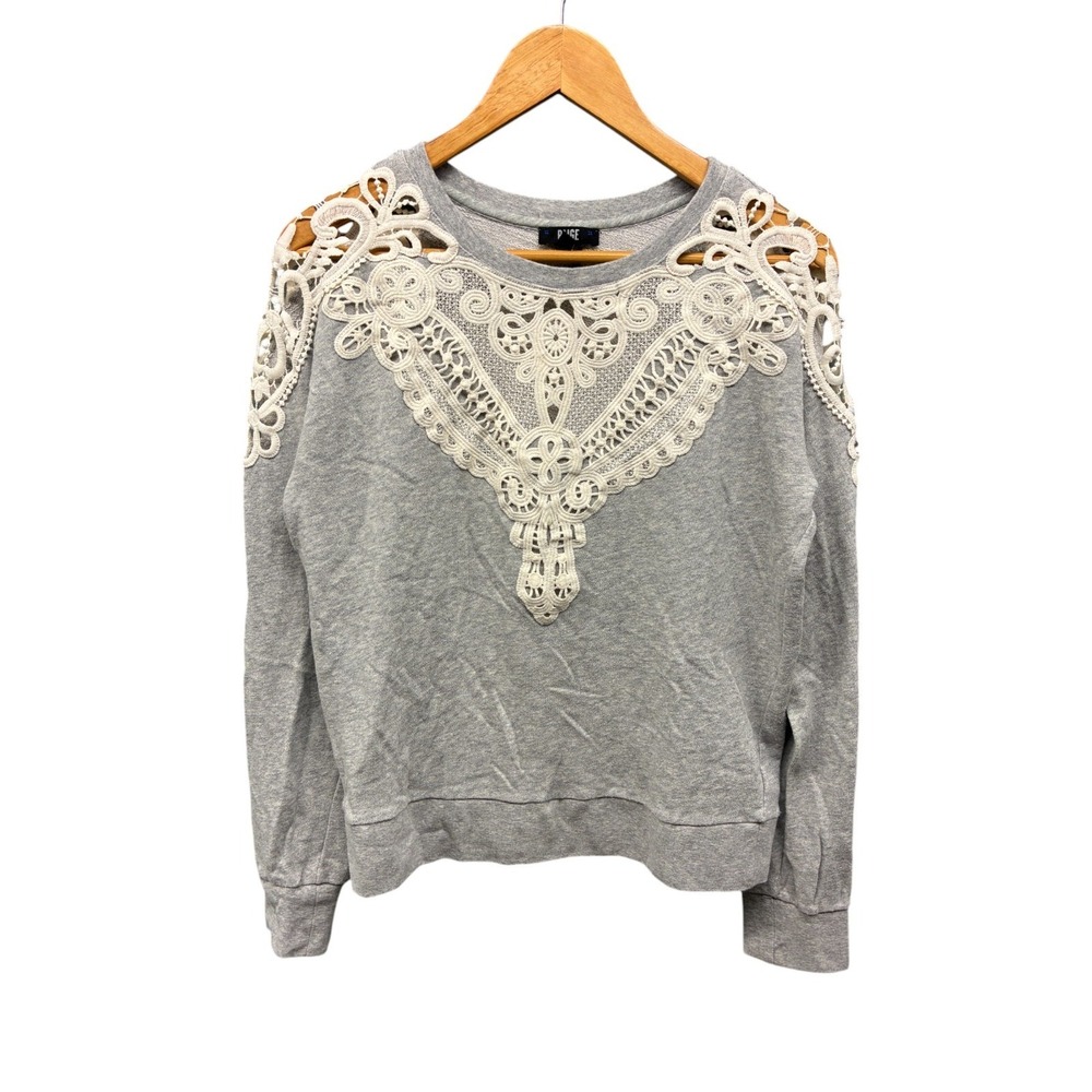 Paige Sweatshirt Womens Gray Lace Cutout Shoulder Cotton Blend Casual Pullover S